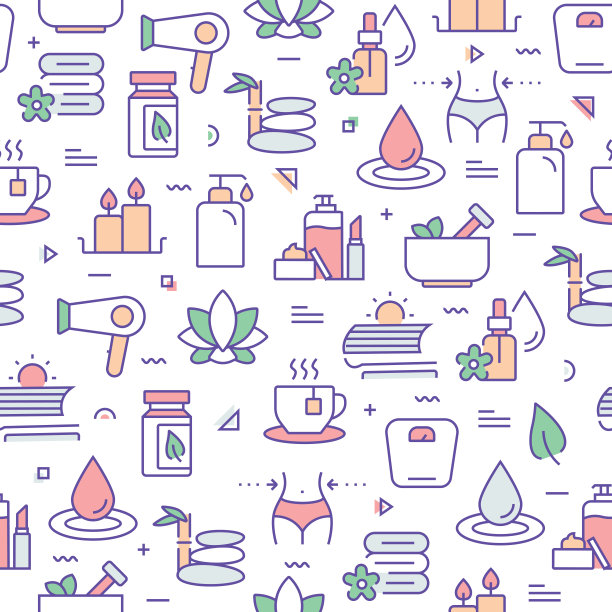 向量的设计模板和元素集美容和SPA在时尚的线性风格-无缝模式与与美容和SPA相关的线性图标-向量图片下载