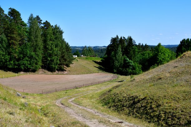 在波兰的一个阳光明媚的夏日，从一个覆盖着树木、森林、沼泽、田野和其他植物的高山俯瞰远处广阔而清澈的湖泊或河流图片下载