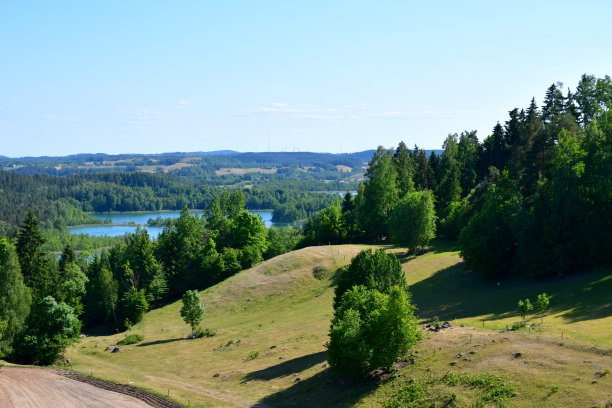 在波兰的一个阳光明媚的夏日，从一个覆盖着树木、森林、沼泽、田野和其他植物的高山俯瞰远处广阔而清澈的湖泊或河流图片下载