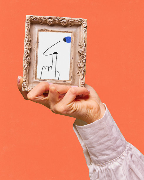 女性手持小镜子，在珊瑚背景上画出面部表情。涂鸦、速写、卡通画风图片下载