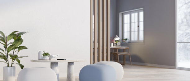 室内设计的一个最小的白色客厅与花，桌子，室内植物和装饰图片下载