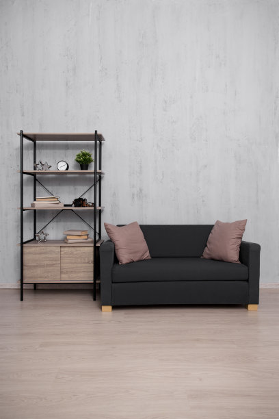 架子和沙发，在混凝土墙上有复制空间图片下载