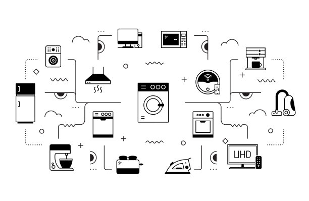 家用电器相关矢量横幅设计概念，现代线条风格与图标图片下载