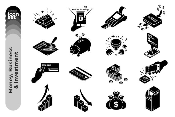 金钱商业和投资剪影图标设置插图在白色的背景。财务说明。向量股票插图图片下载