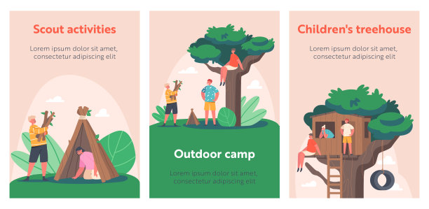 孩子们在树屋和小屋横幅上玩耍。儿童户外活动，乐趣，夏季森林营，男孩和女孩的游戏图片下载