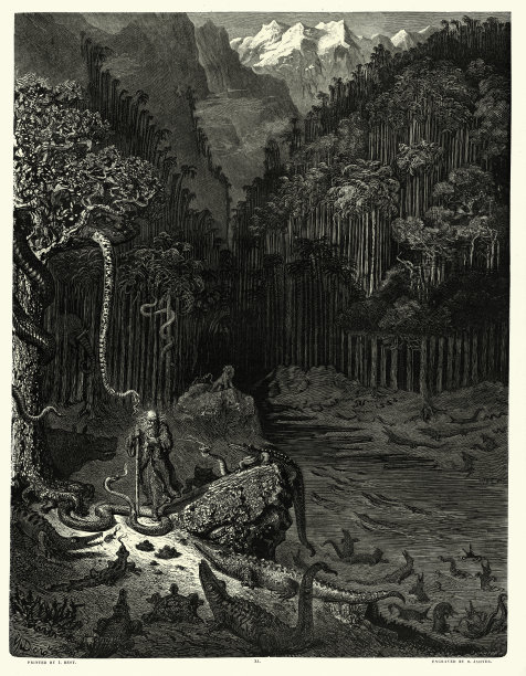 《流浪犹太人的传说》(Legend of The Wandering Jew)，由古斯塔夫·多雷(Gustave Dore)绘图。被蛇和野兽包围着图片下载