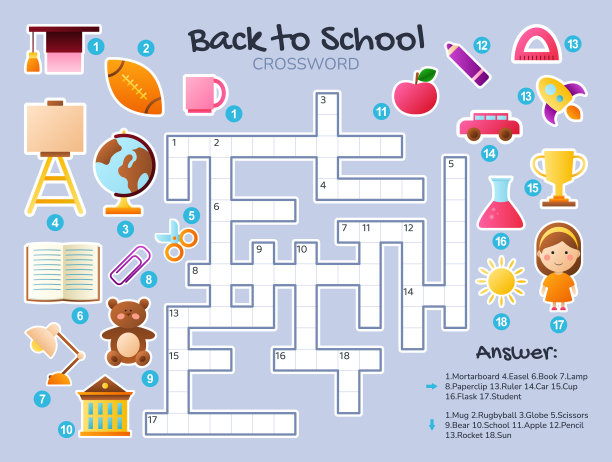 儿童填字游戏。回到学校。图片下载