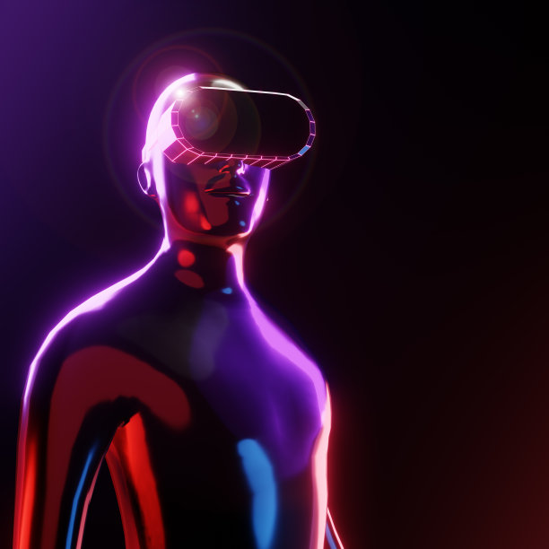 黑色背景的3D金属虚拟人佩戴VR头盔。3 d演示呈现图片下载