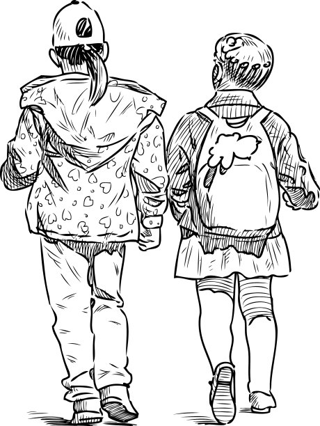 画两个小女孩走在街上图片下载