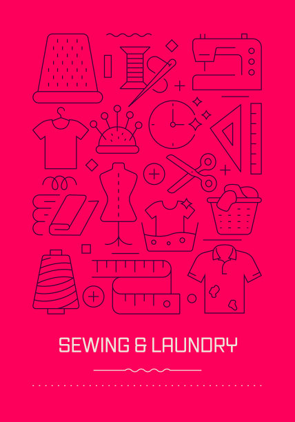 缝纫和洗衣相关的现代线设计小册子，海报，传单，演示模板矢量插图图片下载