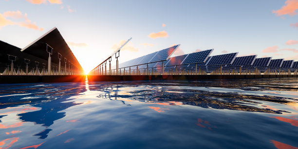 浮动太阳能与天空背景的3d渲染。图片下载