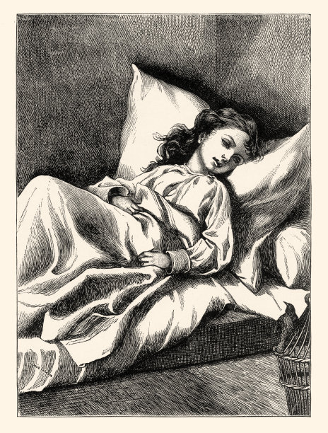 复古，年轻女孩卧病在床，美国维多利亚版画，1882年图片下载