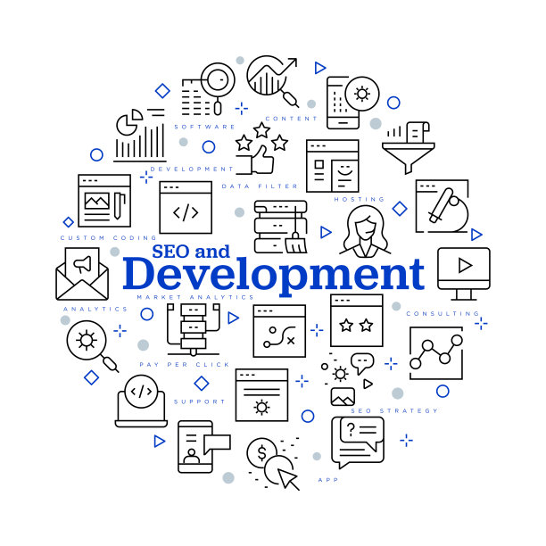 SEO及发展理念。矢量设计与图标和关键字。图片下载