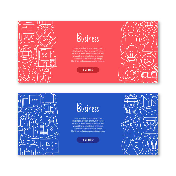 业务相关对象和元素。手绘矢量涂鸦插图集合。带有不同业务对象的横幅模板图片下载