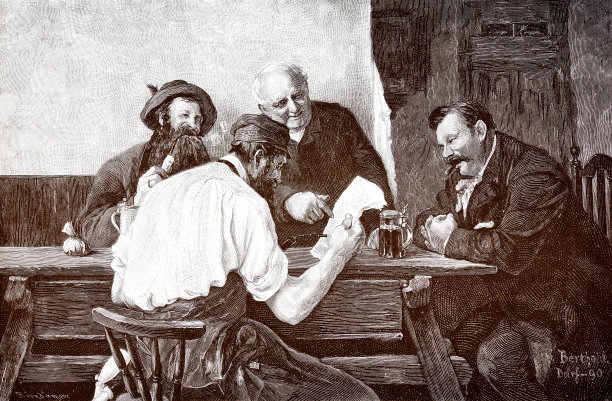 四个男人在餐厅里讲笑话图片下载