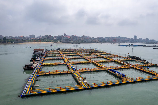 养鱼场用人工栅栏隔开了大海图片下载