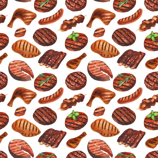 水彩花纹无缝烤肉汉堡和牛排牛肉。手绘插图孤立在白色背景。适合菜单咖啡馆，餐厅，食谱书，烹饪，烧烤图片下载
