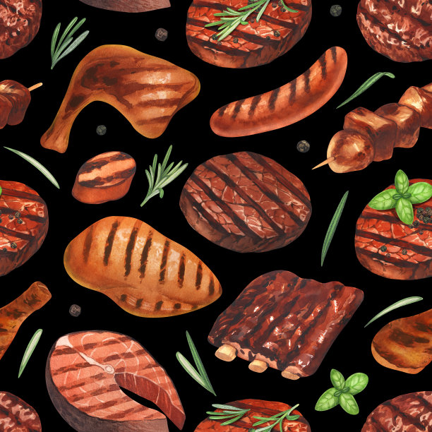 水彩花纹无缝烤肉汉堡和牛排牛肉。手绘插图孤立的黑色背景。适合菜单咖啡馆，餐厅，食谱书，烹饪，烧烤图片下载