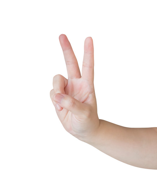 女人的手势显示了白色背景上孤立的第二个标志图片下载