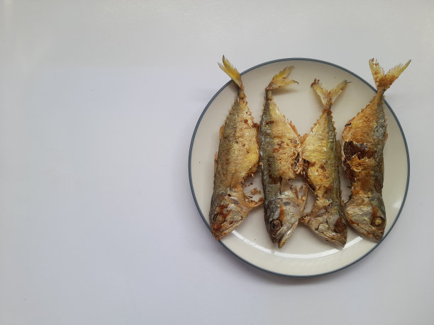 油炸鲭鱼食品(ikan kembung)在白色背景上的盘子顶部视图图片下载