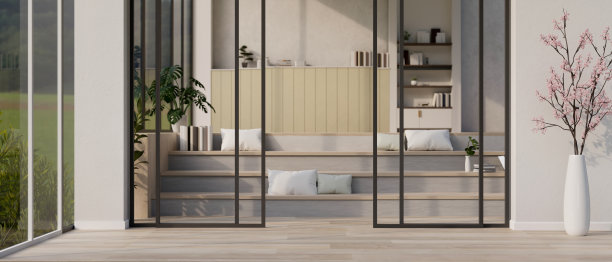 一个现代的室内休闲区，在楼梯上有阅读空间和放松空间图片下载