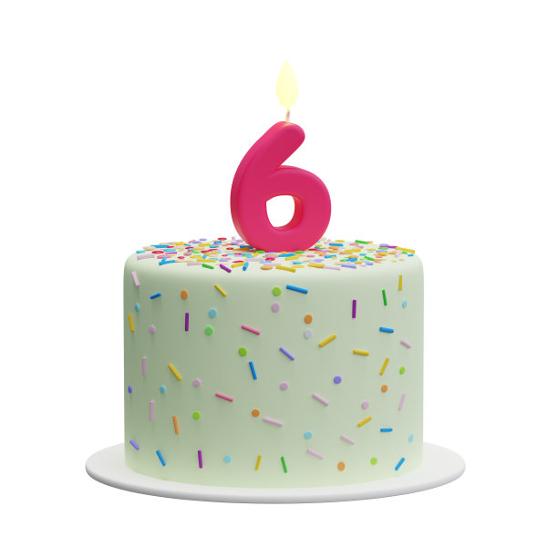 卡通蛋糕，蜡烛形状的数字6。图片下载