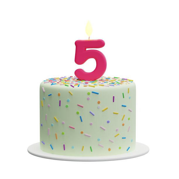 卡通蛋糕，蜡烛形状的数字5。图片下载