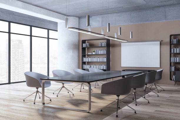 现代玻璃，混凝土和木制会议室内部与空的白色模拟展示横幅，窗户和城市景观，装饰物和家具。3 d渲染。图片下载