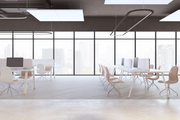 新的联合办公室内，有窗户和城市景观，设备和家具。3 d渲染。图片下载