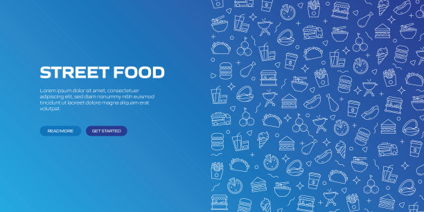 带有线性图标的街头食品网络横幅，时髦的线性风格向量图片下载