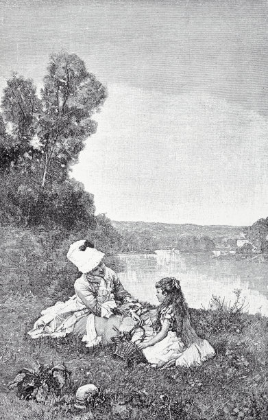 母女俩在湖边野餐图片下载