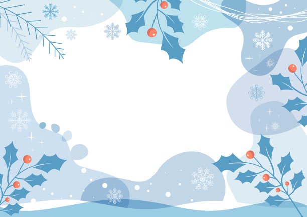抽象简单的冬季背景与自然线条艺术。向量模板雪花和冬青树枝图片下载
