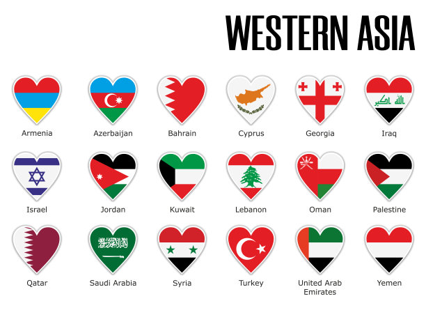 西亚国家旗帜爱心阴影白边图案组合图片下载