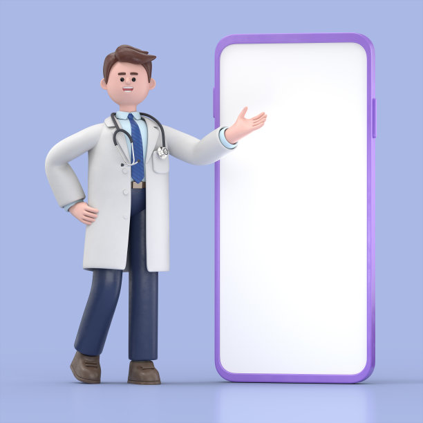 男医生林肯推着一个空的手机模型的3D插图。在蓝色背景上隔离的医学演示剪贴画图片下载