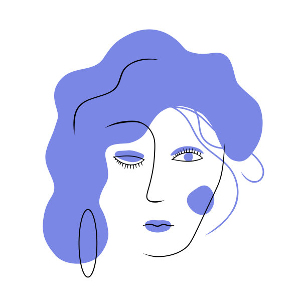 抽象的女人的脸，一行画，轮廓肖像插图与蓝点，孤立在白色的背景图片下载