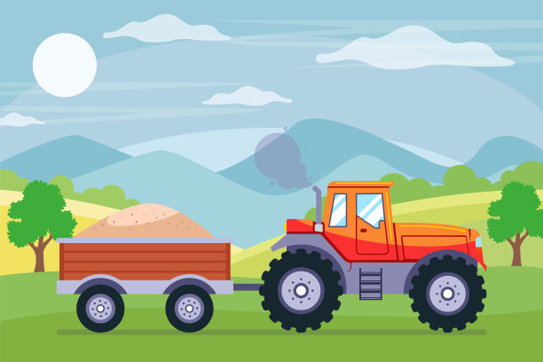 一辆拖着小车的拖拉机在乡下行驶。平面矢量插图。图片下载
