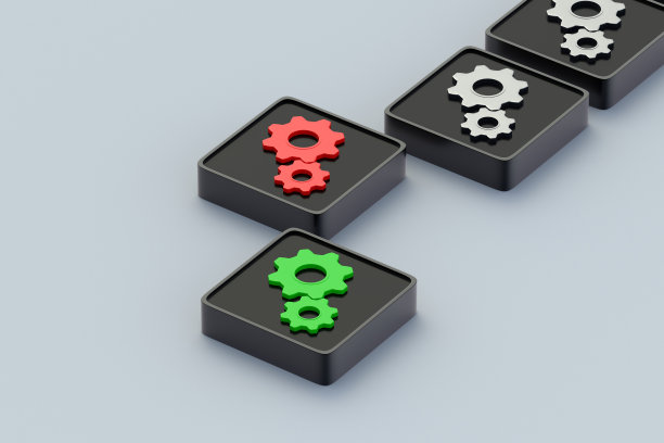清洁生产效益的概念。用安全技术取代传统技术。分离的工艺过程。技术竞争。按钮上的绿色和红色齿轮。三维渲染图片下载