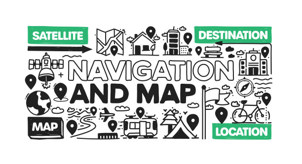 导航和映射对象和元素。矢量涂鸦插图收集。手绘图标集或横幅模板图片下载