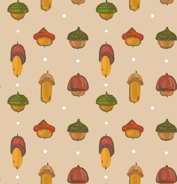 手绘矢量卡通秋天无缝图案与森林民间橡子隔离工艺背景图片下载
