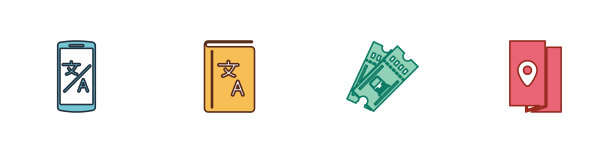 设置在线翻译，翻译书籍，火车票和封面旅游指南图标。向量图片下载