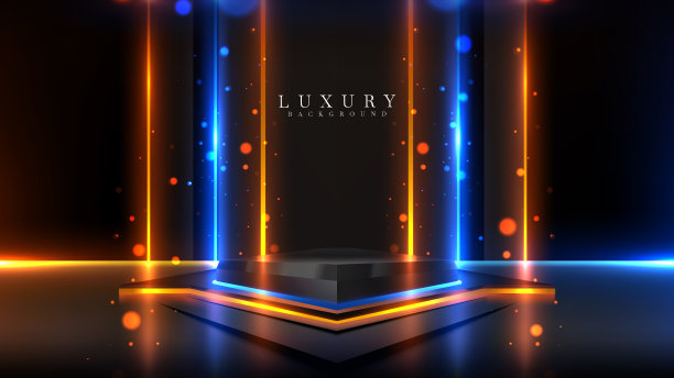 黑色的讲台，蓝色和金色的霓虹灯效果与散景装饰在黑暗的场景中移动。未来主义的背景设计，优雅的风格。图片下载