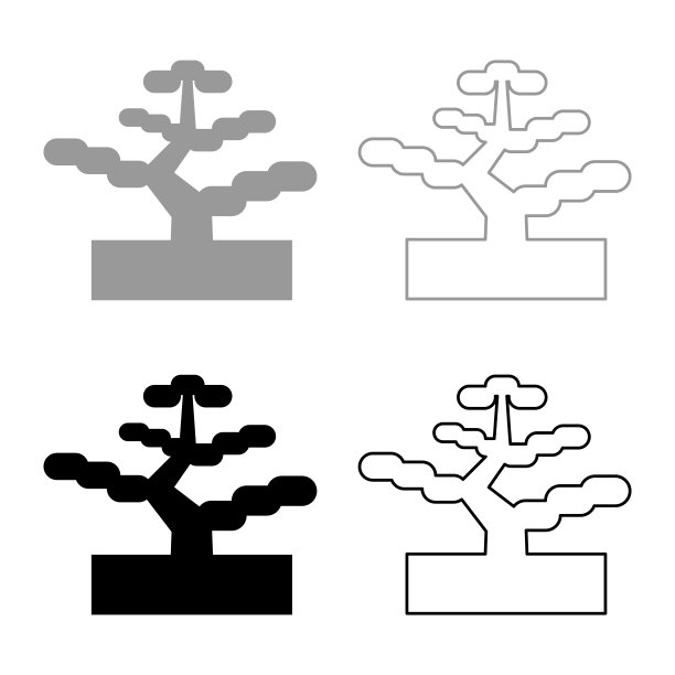 盆景松树花园概念植物日本集图标灰黑色矢量插图图像固体填充轮廓轮廓线薄扁平的风格图片下载