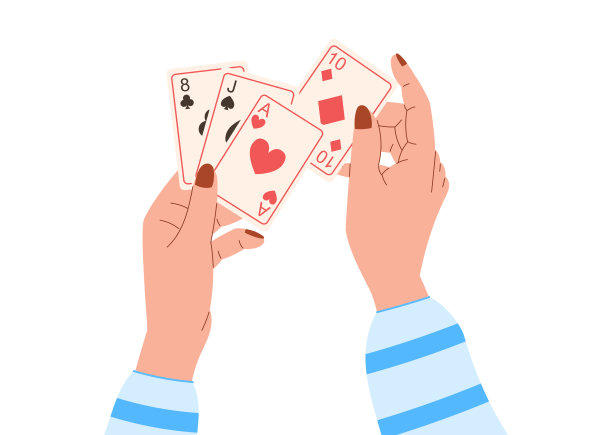 修剪整齐的女性手拿着扑克牌。矢量隔离插图在平面风格，逻辑棋盘游戏扑克。图片下载