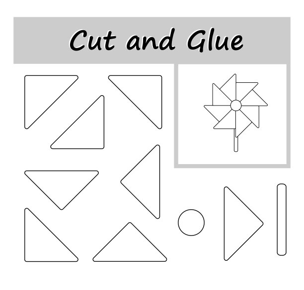 DIY工作表。上色，剪下图像的部分，然后粘在纸上。矢量插图风车。图片下载