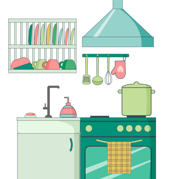 厨房内部有炉子和水槽。橱柜，烘干盘，盘子和杯子，厨房配件。图片下载