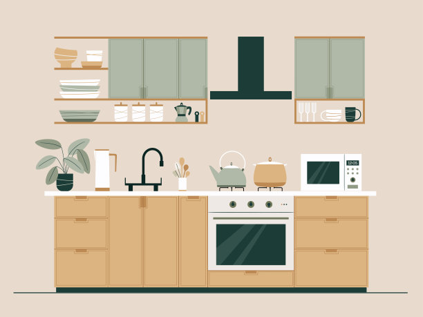 厨房内部配有扁平风格的家具和电器。现代室内设计。可持续的生活方式图片下载