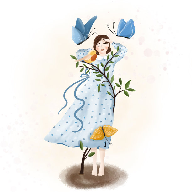 穿着裙子的女孩站在树和蝴蝶中间图片下载