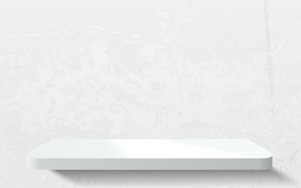 抽象房间白色混凝土墙与3D逼真的白色讲台或亚克力产品货架。矢量光石膏墙背景模型显示。最小舞台展示场景图片下载
