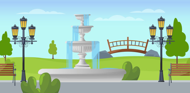 城市公园景观与喷泉树，长凳和手电筒。户外矢量背景图片下载