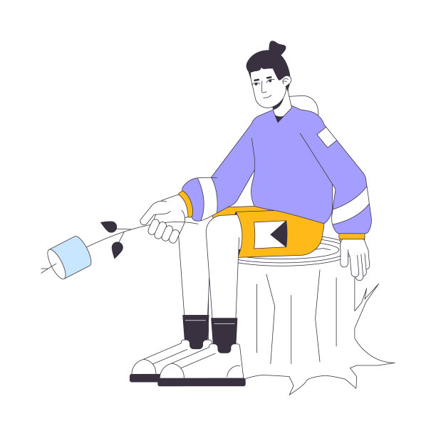 年轻的男性徒步旅行者手持棉花糖棒平线彩色矢量字符图片下载